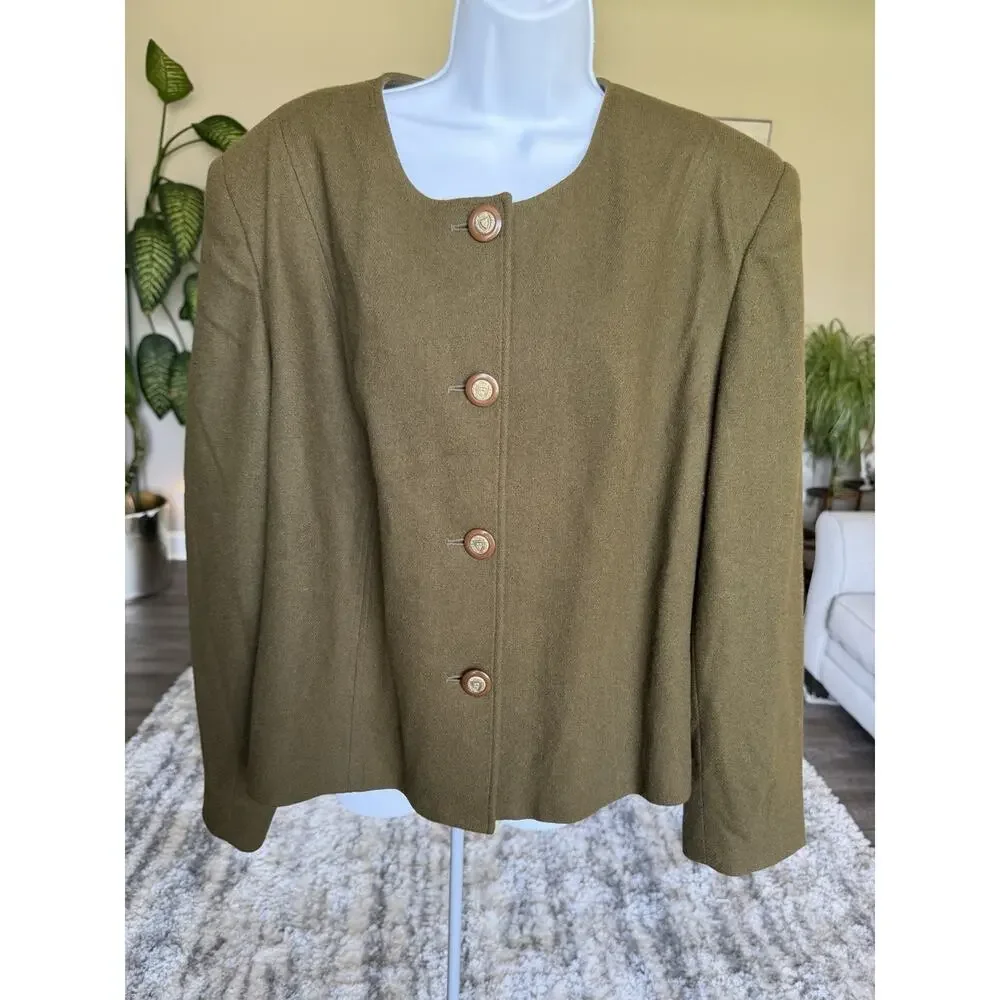 Vintage Worthington 22W 100% Wool Cropped Jacket Blazer Crest Buttons #1070